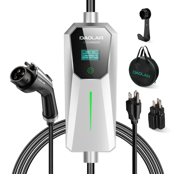 Daolar 8H Timing 3.5KW Portable EV Charger 16A J1772 Level 2 Electric Vehicle Charger, 16ft / 25ft  Cable Adjustable Current EVSE EV Car Charging Station with NEMA 5-15 plug