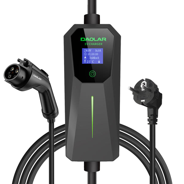 Daolar Type 1 Mobile Wallbox 3.68KW 16A EV Charger with Controllable Digital Display, 2-Pin Schuko to J1772 Car Charging Cable for EVs & PHEV