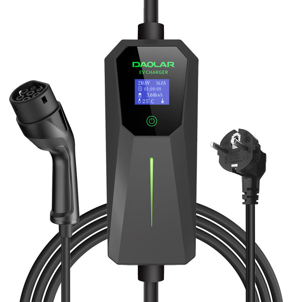 Daolar Type 1 / Type 2 Charging Cable Schuko 3.68KW [1-Phase, 6-16A], Mobile Wallbox with Controllable Digital Display for Electric Car, EV Charger for Model 3/Y, 3008/508, C5X, DS7, GLA, Q3, X3, ZOE, ID.3, ID.4 and Other PHEV/EV
