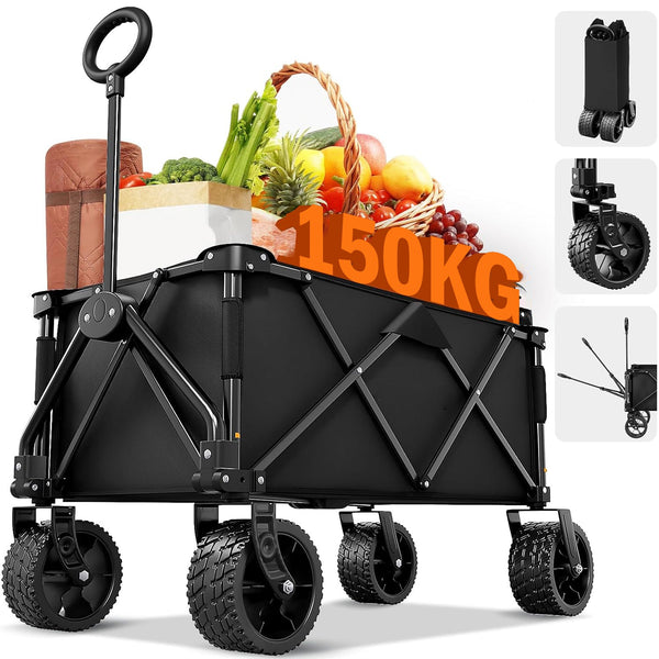 Daolar Handcart Foldable with Brakes 180L 150KG Extra Wide Tyres All Terrain Handcart for Camping Garden Sports Beach Trolley