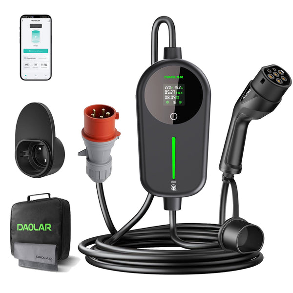 Daolar Mobile Wallbox 11 kW with Electricity Meter, 6-16A 3-Phase Type 2 Charging Cable with Adjustable charging KWH, IP65 Waterproof Charging Station