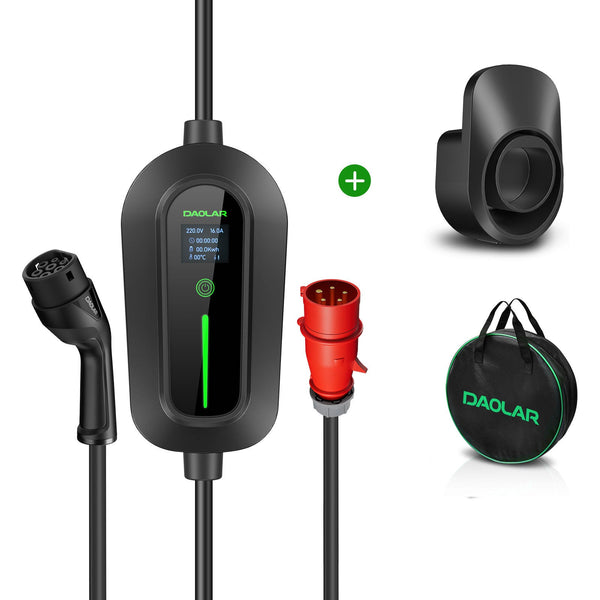 Daolar Type 2 EV Charger with CEE plug 380V 16A 5M/10M Charging Cable + Wall Mount Charging Cable Holder for Electric Cars + Storage Bag
