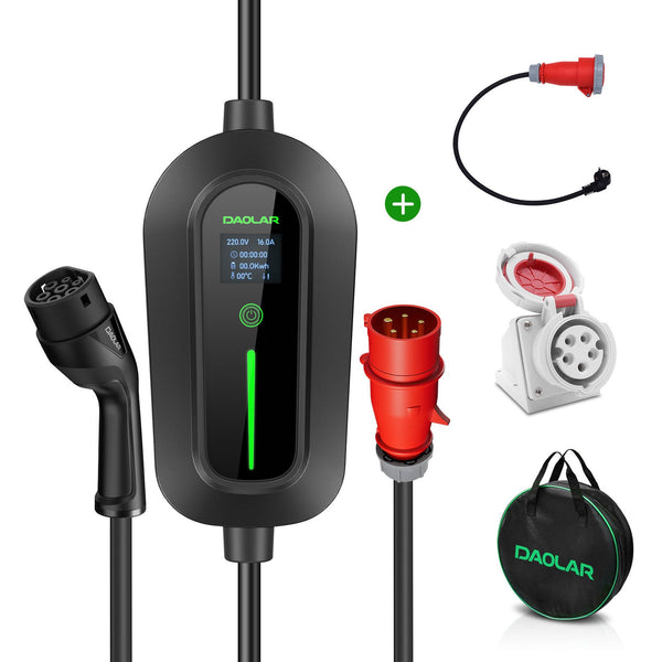Daolar Portable Charging Station for Electric Cars 11KW 3-phases 16A CEE plug + Adapter Schuko Plug to 16A CEE Coupling 5-Pin + Charging Cable Organiser