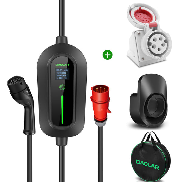 Daolar EV Charger Type 2 with 5-Pins CEE plug 11KW 16A 5m/10M Charging Cable for Electric Vehicles EVSE + 3-phases 16A socket + Wall Mount Cable Holder + Cable Storage Bag